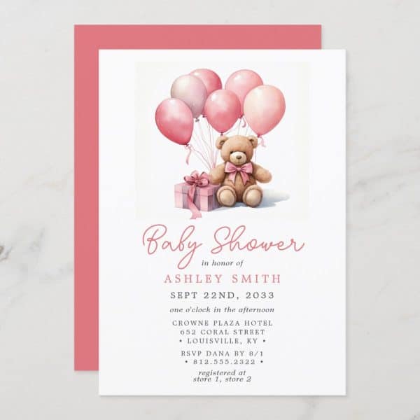 Baby Shower Invitation Featuring A Teddy Bear With Pink Balloons And A Gift.
