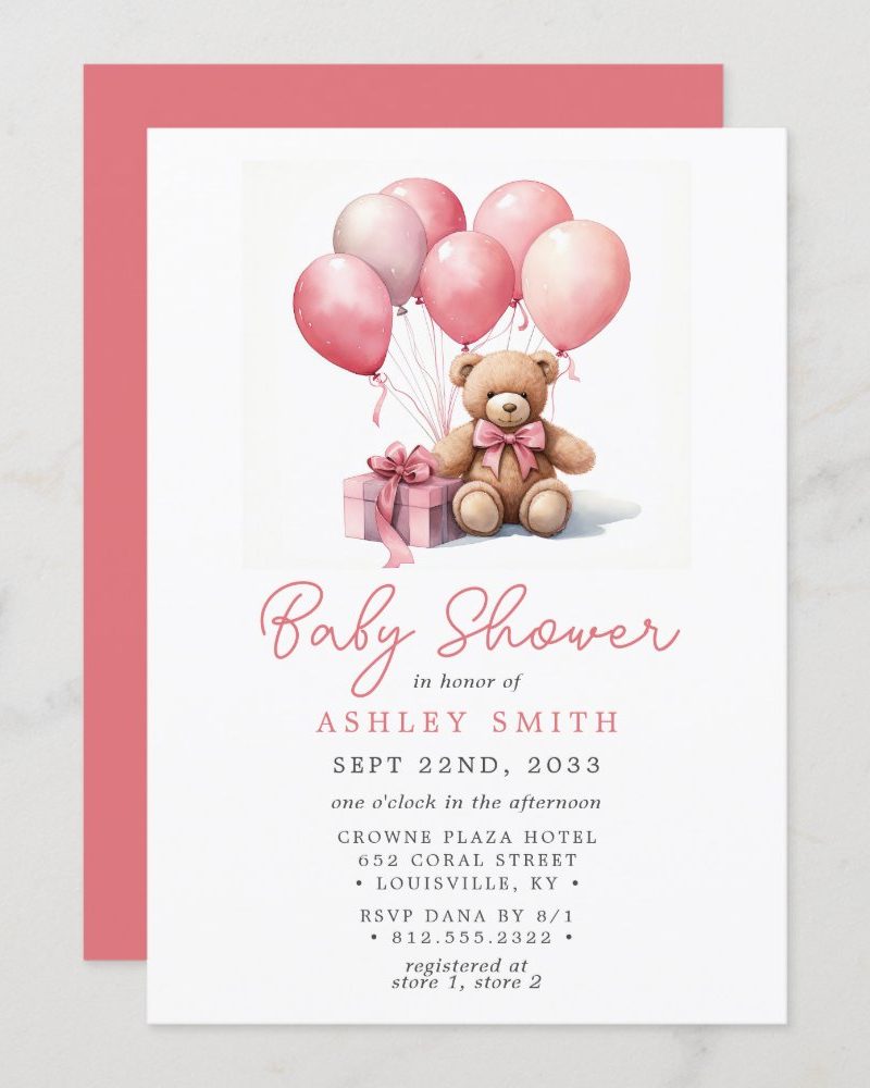Baby shower invitation featuring a teddy bear with pink balloons and a gift.