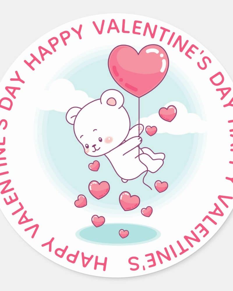 A white bear cub floats in the air holding a heart-shaped balloon, surrounded by smaller hearts. The image is circular with the text Happy Valentine's Day repeated around the border.