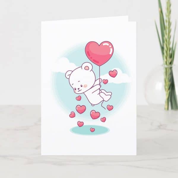 A Cute White Bear Floats In The Sky Holding A Heart-Shaped Balloon, Surrounded By Smaller Hearts.