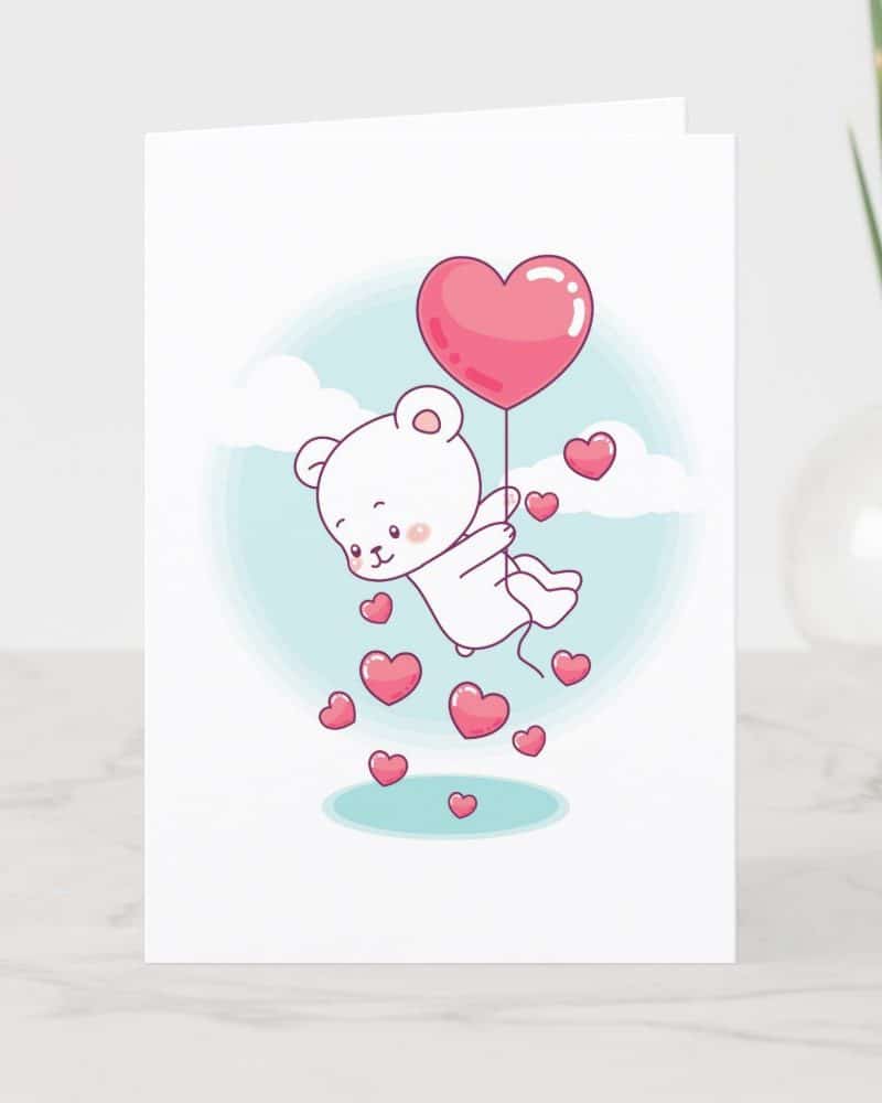 A cute white bear floats in the sky holding a heart-shaped balloon, surrounded by smaller hearts.