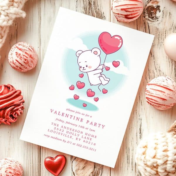 A Valentine'S Day Party Invitation Featuring A Cartoon Polar Bear Holding A Heart-Shaped Balloon.