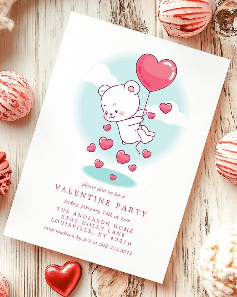 A Valentine's Day party invitation featuring a cartoon polar bear holding a heart-shaped balloon.