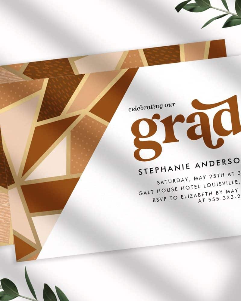 Graduation invitation for Stephanie Anderson with an abstract geometric design in brown and beige.