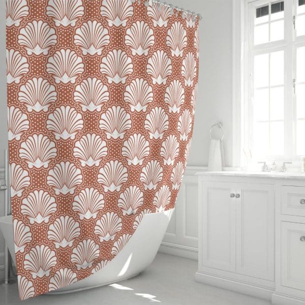 Rust-Colored Shower Curtain With A Repeating Pattern Of White Stylized Seashells.