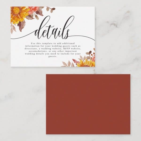 Wedding Details Card With Sunflowers And Autumnal Floral Design.