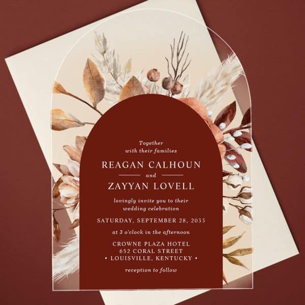 Wedding Invitation With Arch Design Featuring Dried Floral Watercolor Illustration. The Invitation Announces The Wedding Of Reagan Calhoun And Zayyan Lovell.