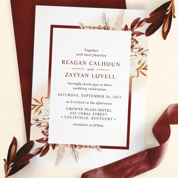 Wedding Invitation For Reagan Calhoun And Zayyan Lovell, September 28, 2033, At The Crowne Plaza Hotel In Louisville, Kentucky.