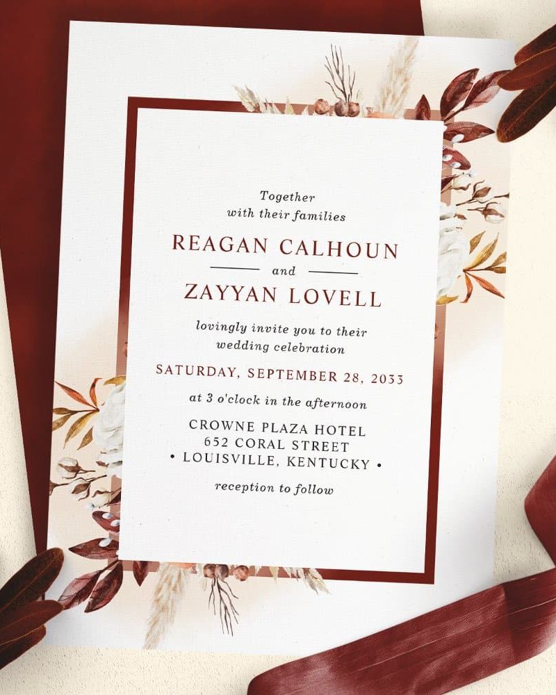 Wedding invitation for Reagan Calhoun and Zayyan Lovell, September 28, 2033, at the Crowne Plaza Hotel in Louisville, Kentucky.