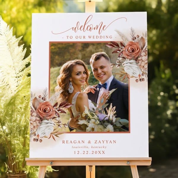 Wedding Welcome Sign With A Photo Of The Bride And Groom, Floral Details, And Wedding Date.