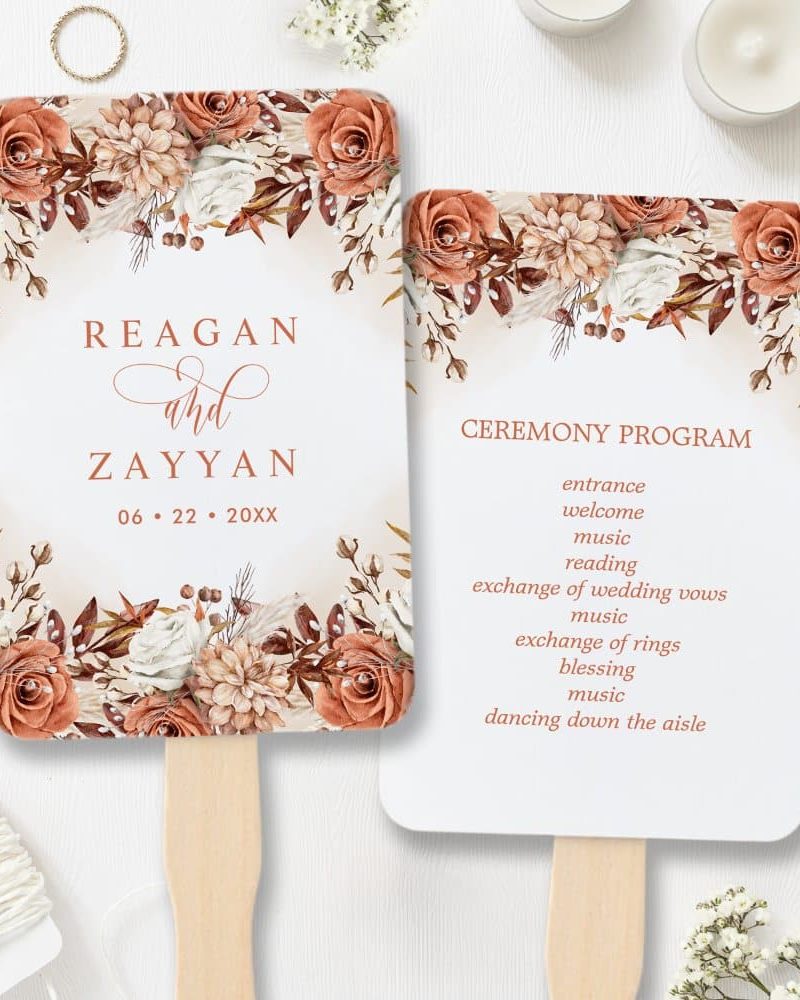 Terracotta Flowers Pampas Wedding Program Hand Fan