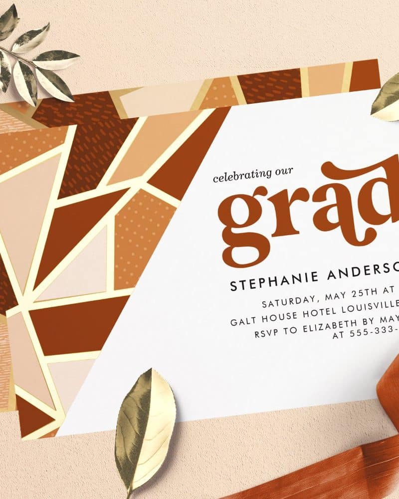 Graduation party invitation with geometric design in earth tones.