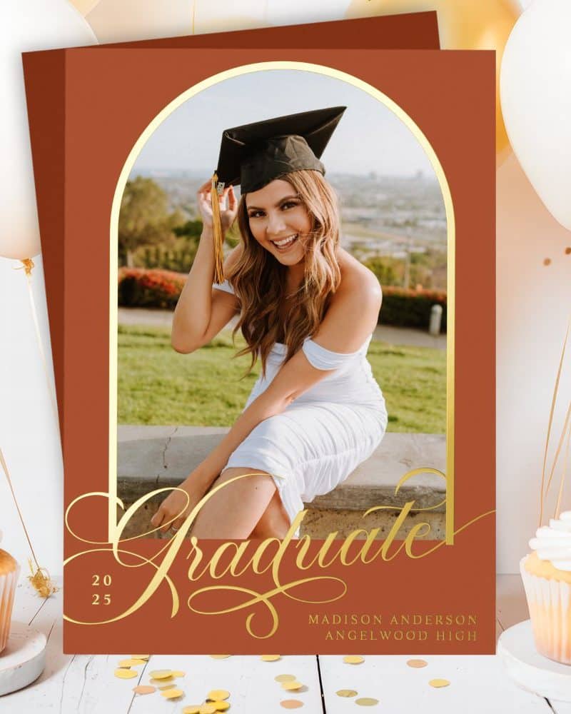 Graduation announcement featuring a photo of Madison Anderson, a graduate of Angelwood High, in her cap and gown.