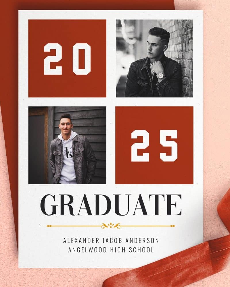 Graduation announcement for Alexander Jacob Anderson, Angelwood High School, class of 2025, featuring two photos of the graduate.