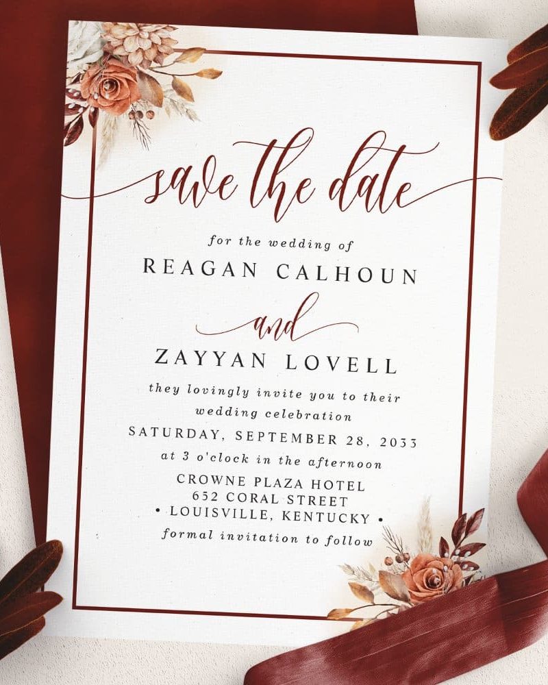 Save the date for the wedding of Reagan Calhoun and Zayyan Lovell, September 28, 2033, at the Crowne Plaza Hotel in Louisville, Kentucky.