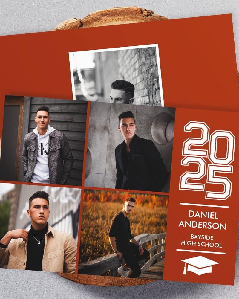 Graduation announcement for Daniel Anderson, Bayside High School, class of 2025, featuring four photos of the graduate.