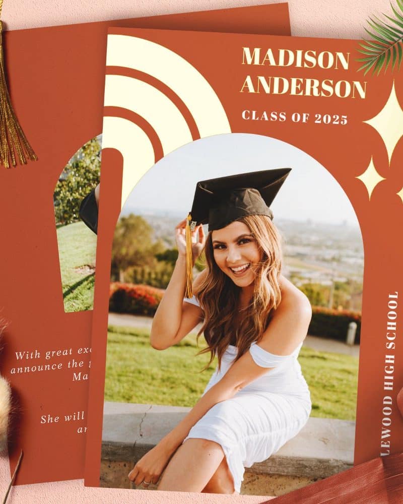 Graduation announcement featuring Madison Anderson, Class of 2025, in cap and gown.