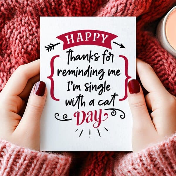 Two Hands Hold A Card That Reads Happy Thanks For Reminding Me I'M Single With A Cat Day.