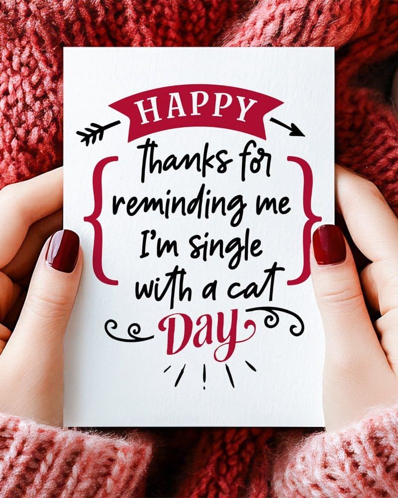 Two hands hold a card that reads Happy Thanks for reminding me I'm single with a cat Day.