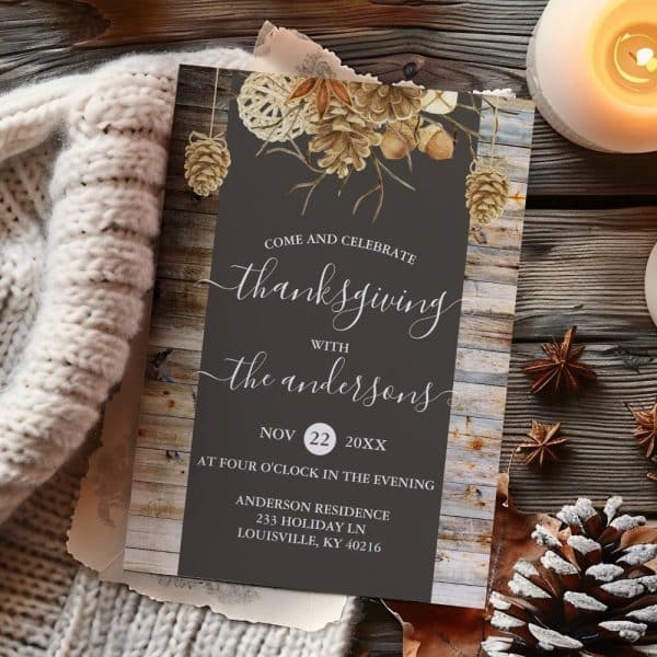 Thanksgiving Invitation With Watercolor Pine Cones And Acorns.