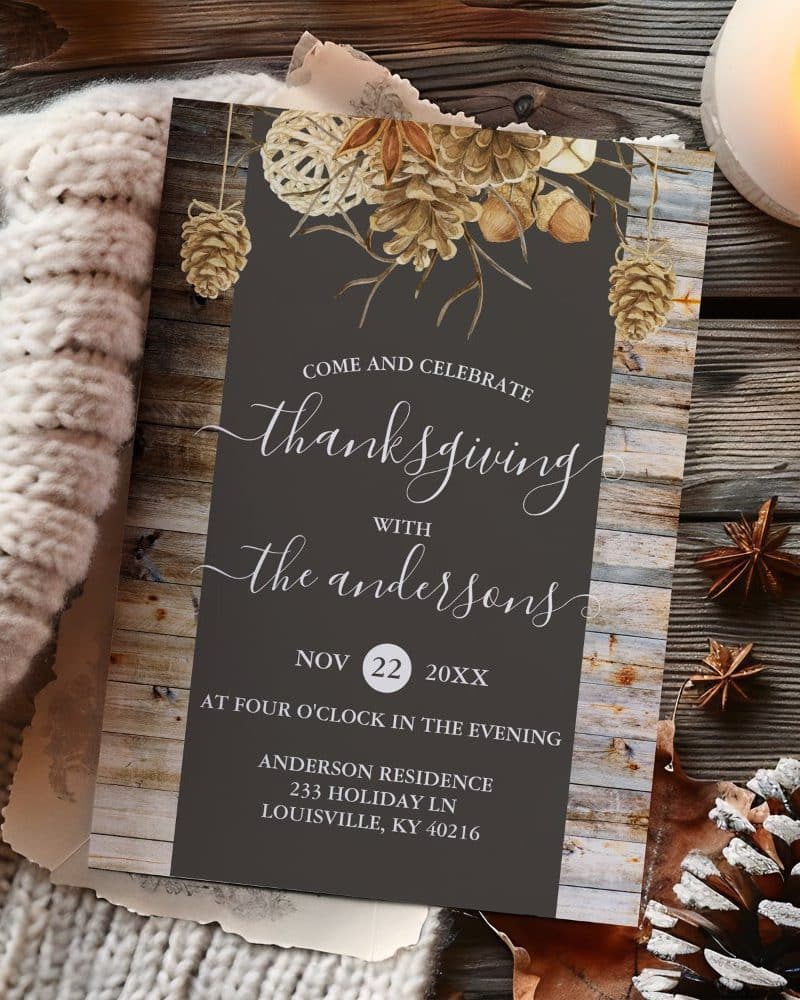 Thanksgiving invitation with watercolor pine cones and acorns.