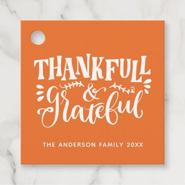 Orange Thanksgiving Gift Tag With The Text Thankful &Amp; Grateful In White Script Lettering.