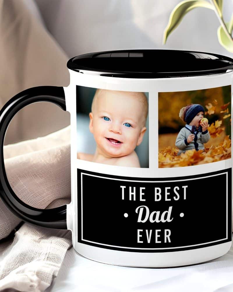 Coffee mug with a black handle and rim, featuring two photos of children and the text The Best Dad Ever.