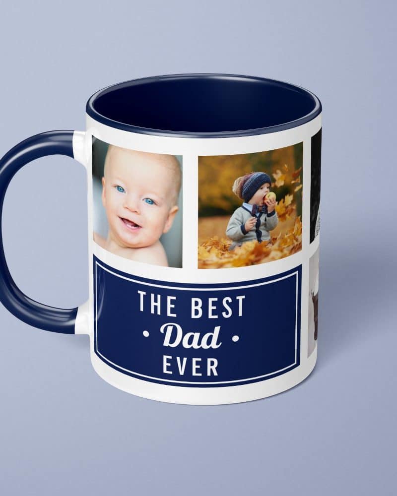 Mug with navy blue interior and handle, featuring a photo collage of children and the text The Best Dad Ever.