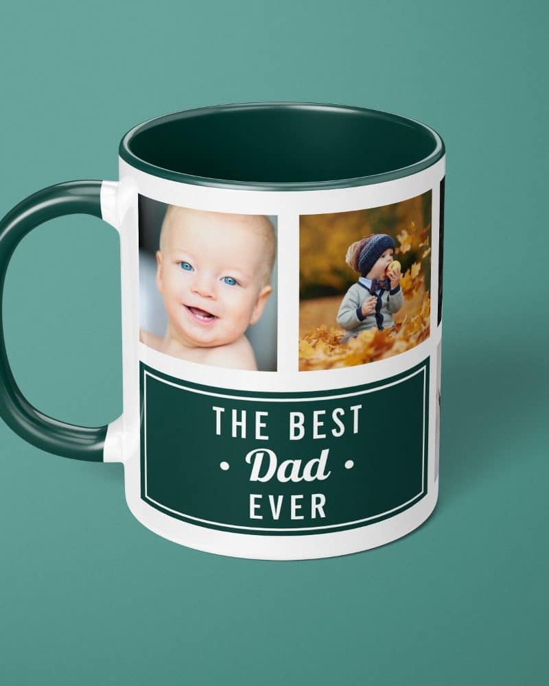White coffee mug with dark green interior and handle, displaying photos of two young children and the text The Best Dad Ever.