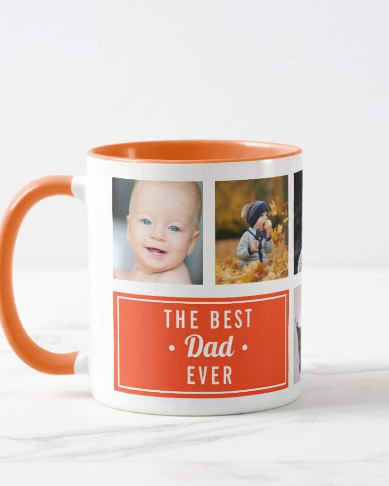 Orange-handled mug with photos of children and the text The Best Dad Ever.