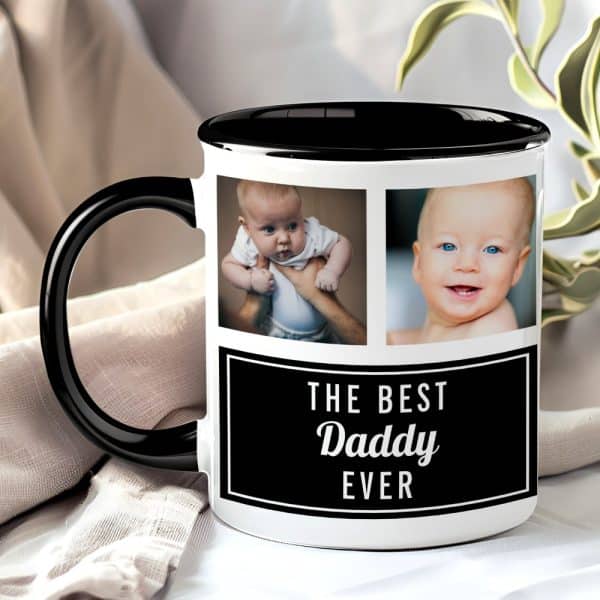 Coffee Mug With Black Handle And Interior, Featuring Two Photos Of A Baby And Text That Says, The Best Daddy Ever.