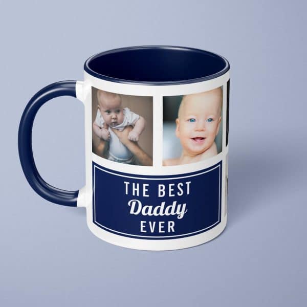 Navy Blue Mug With A White Design. The Design Features Photos Of Babies And The Text The Best Daddy Ever.