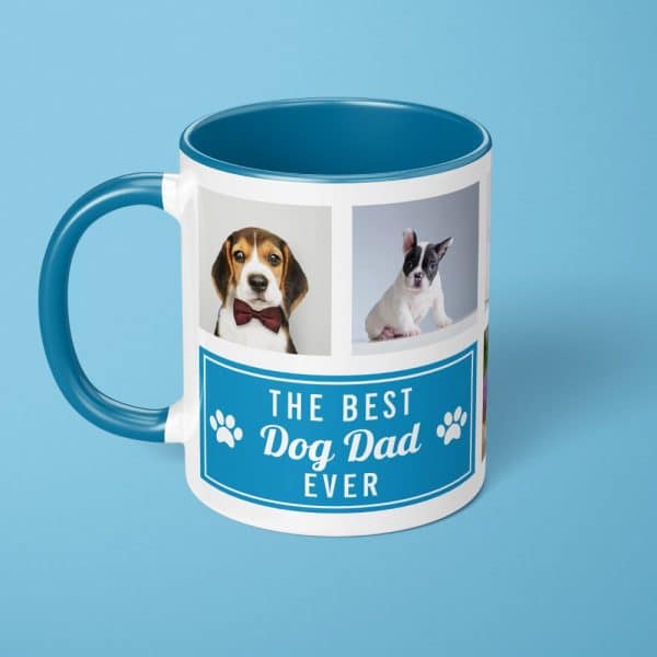 Blue Mug With Photos Of Dogs And The Text The Best Dog Dad Ever.