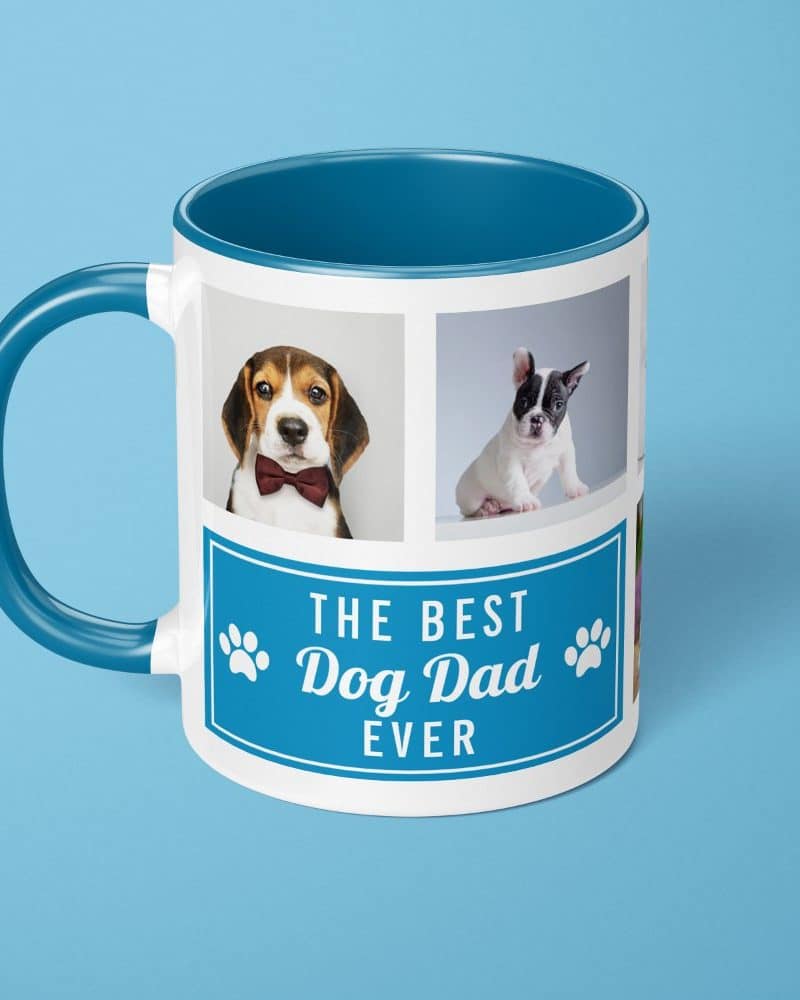 Blue mug with photos of dogs and the text The Best Dog Dad Ever.