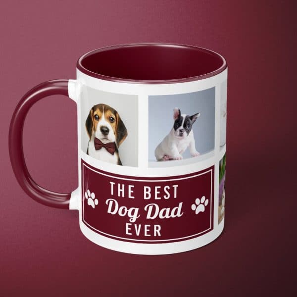 Burgundy Mug With Photos Of Dogs And The Text The Best Dog Dad Ever.