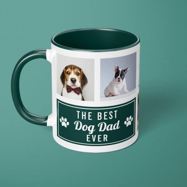 White Mug With Dark Green Handle And Interior, Displaying Photos Of Two Dogs And Text That Reads, The Best Dog Dad Ever.