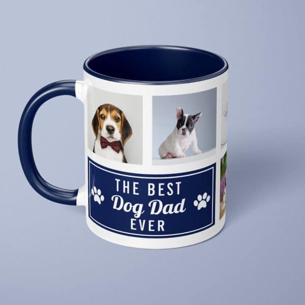 Mug Featuring A Collage Of Cute Puppies And The Text The Best Dog Dad Ever.