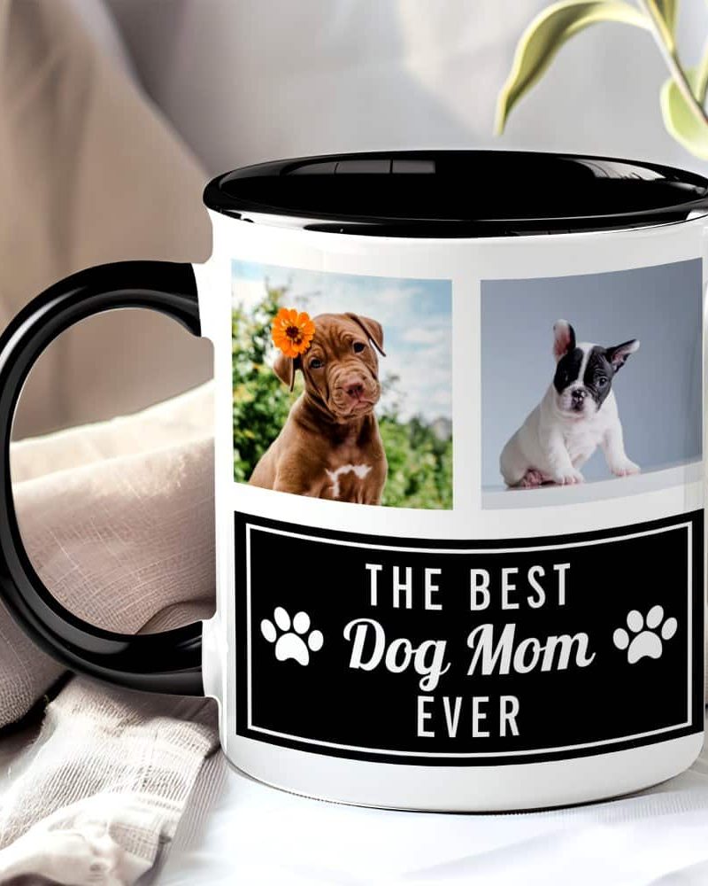 Black-handled mug with images of two puppies and the text The Best Dog Mom Ever.