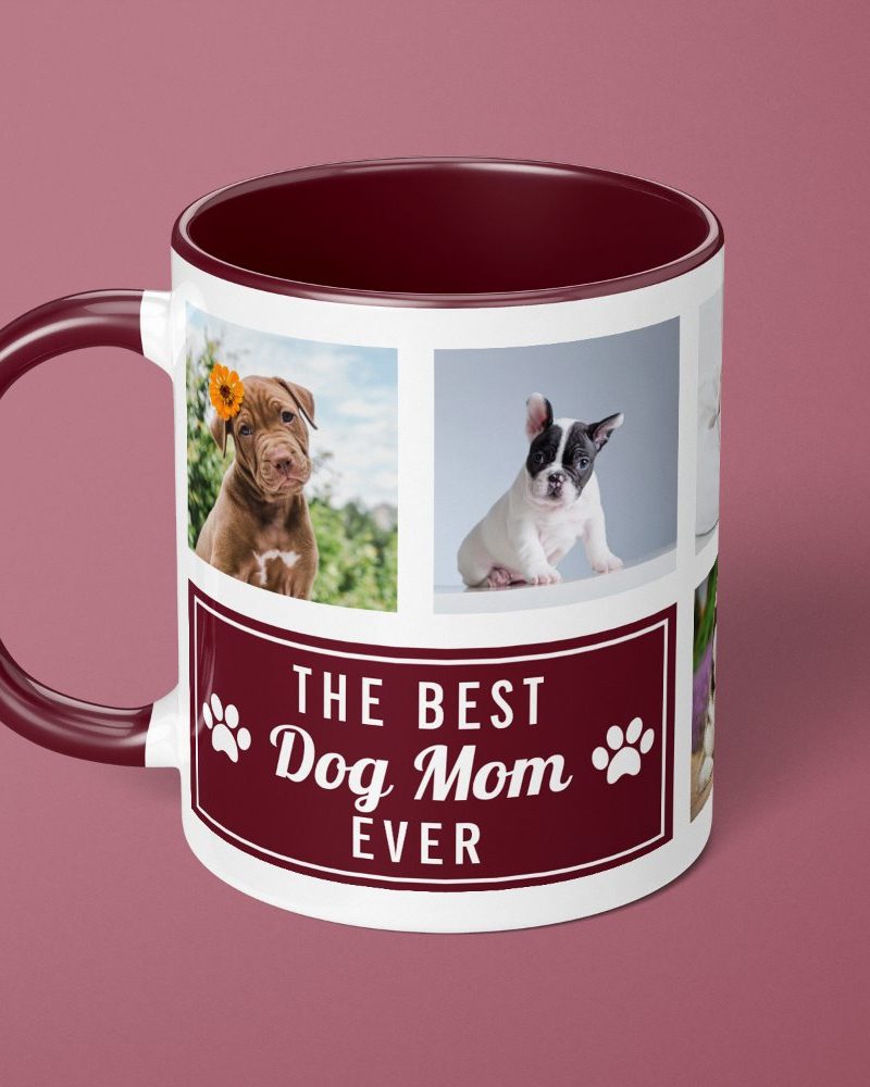 Burgundy mug featuring a collage of puppies and the text The Best Dog Mom Ever.