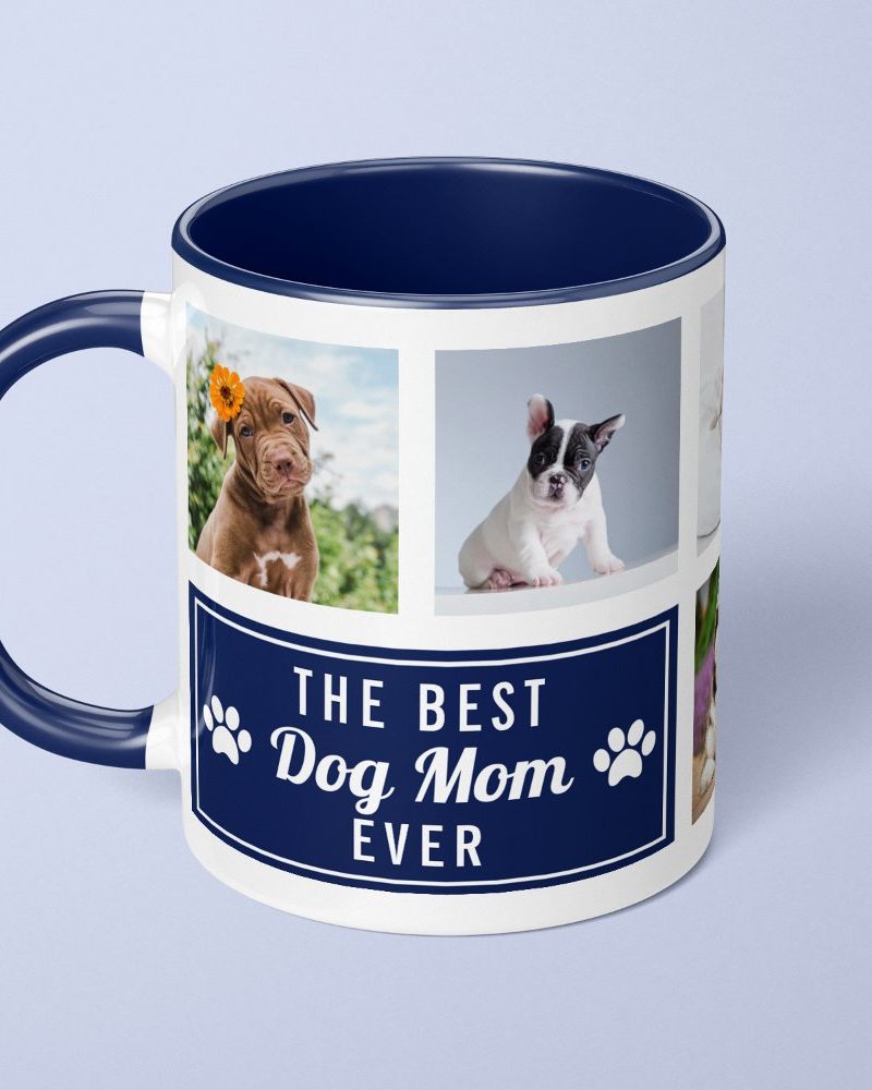 Navy blue mug with a white section displaying a photo collage of adorable puppies and the text, The Best Dog Mom Ever.