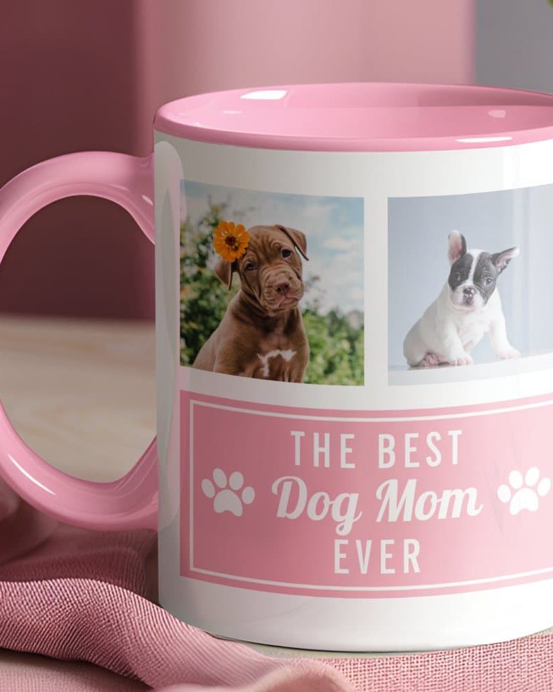 Pink coffee mug featuring two puppy photos and the text, The Best Dog Mom Ever.