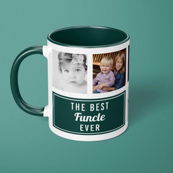 A White Coffee Mug With A Dark Green Handle And Interior Features A Collage Of Photos Of Children And The Text, The Best Funcle Ever.