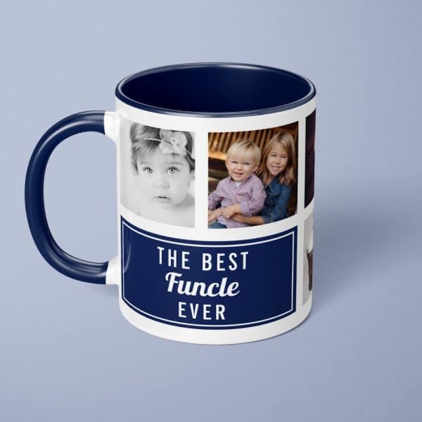 A Navy Blue And White Mug Featuring Photos Of Three Children And The Text, The Best Funcle Ever.