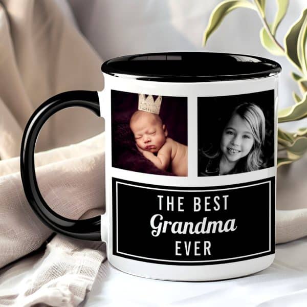 A White Coffee Mug With A Black Handle And Interior Features Photos Of A Baby And A Young Girl, Along With The Text The Best Grandma Ever.