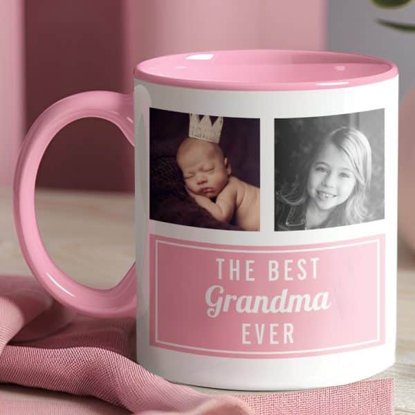 Pink Mug With Photos Of A Baby And A Young Girl, And The Text The Best Grandma Ever.