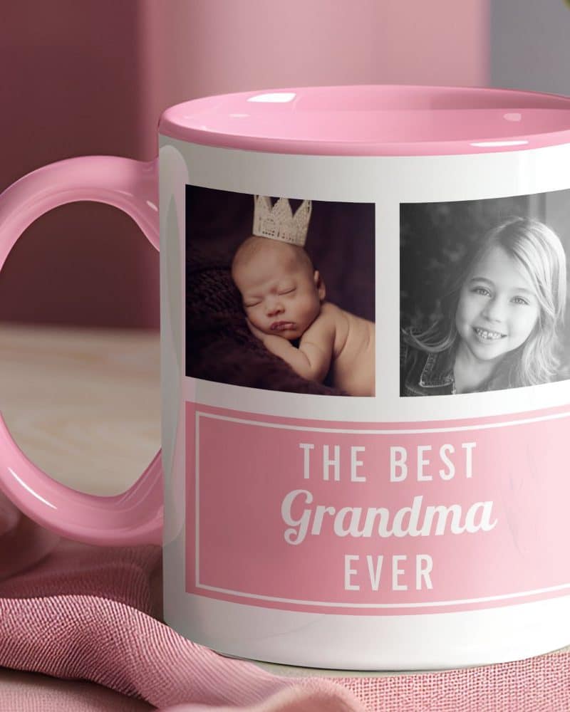 Pink mug with photos of a baby and a young girl, and the text The Best Grandma Ever.