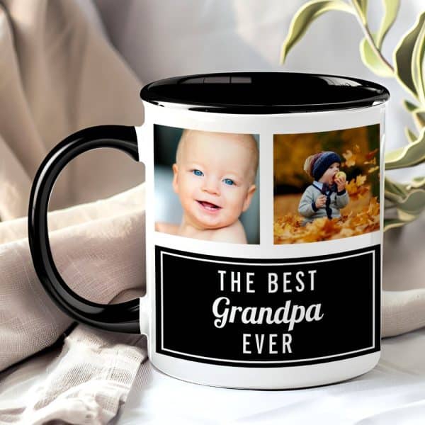 Coffee Mug With Black Handle And Inner Rim, Featuring Two Photos Of Young Children And The Text The Best Grandpa Ever.