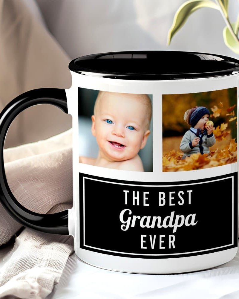 Coffee mug with black handle and inner rim, featuring two photos of young children and the text The Best Grandpa Ever.