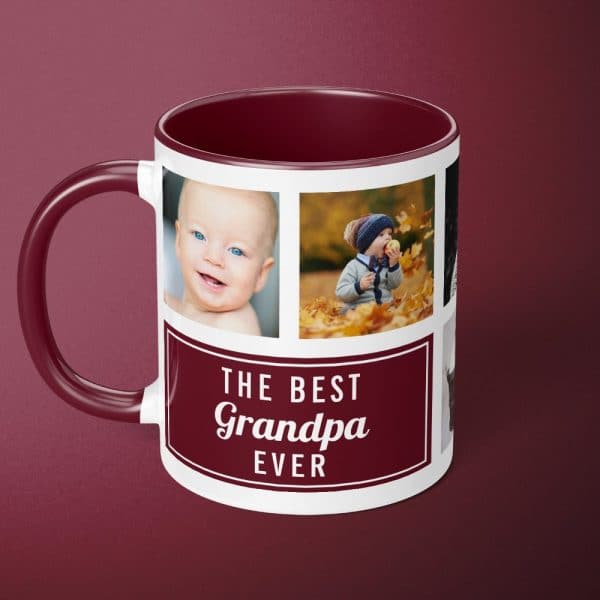 Burgundy Mug With A White Design Featuring Photos Of Grandchildren And The Text The Best Grandpa Ever.