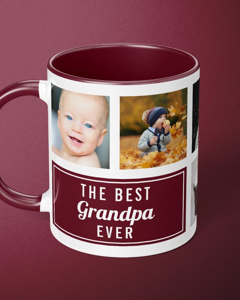 Burgundy mug with a white design featuring photos of grandchildren and the text The Best Grandpa Ever.